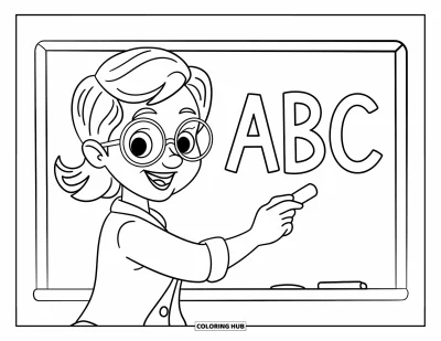 Teacher Coloring Page for Kids: A friendly teacher writes “ABC” on a chalkboard with a big smile and glasses