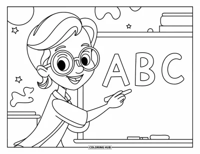 Teacher Coloring Page for Kids: A friendly teacher writes big “ABC” letters as stars and school items surround the board