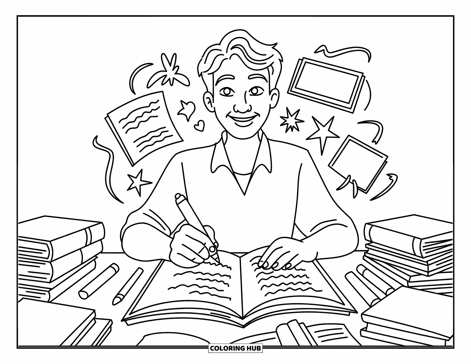 Lehrer Ausmalbild für Kinder: Eine freundliche Lehrerin schreibt in ein großes Notizbuch, umgeben von Sternen, Herzen und verstreuten Papieren