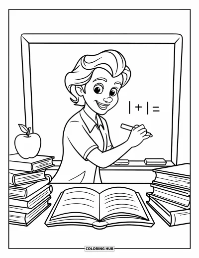 Teacher Coloring Page for Kids: A friendly teacher writes on a chalkboard with books and an apple nearby