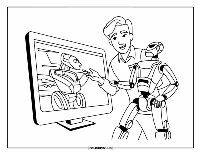 Teacher Coloring Page for Kids: A friendly tech teacher stands beside a robot and screen showing cool robotic details