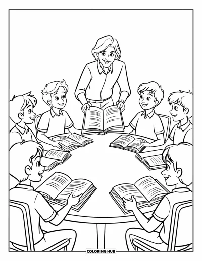 Teacher Coloring Page for Kids: A group gathers around a table with books open as the teacher speaks with energy and care
