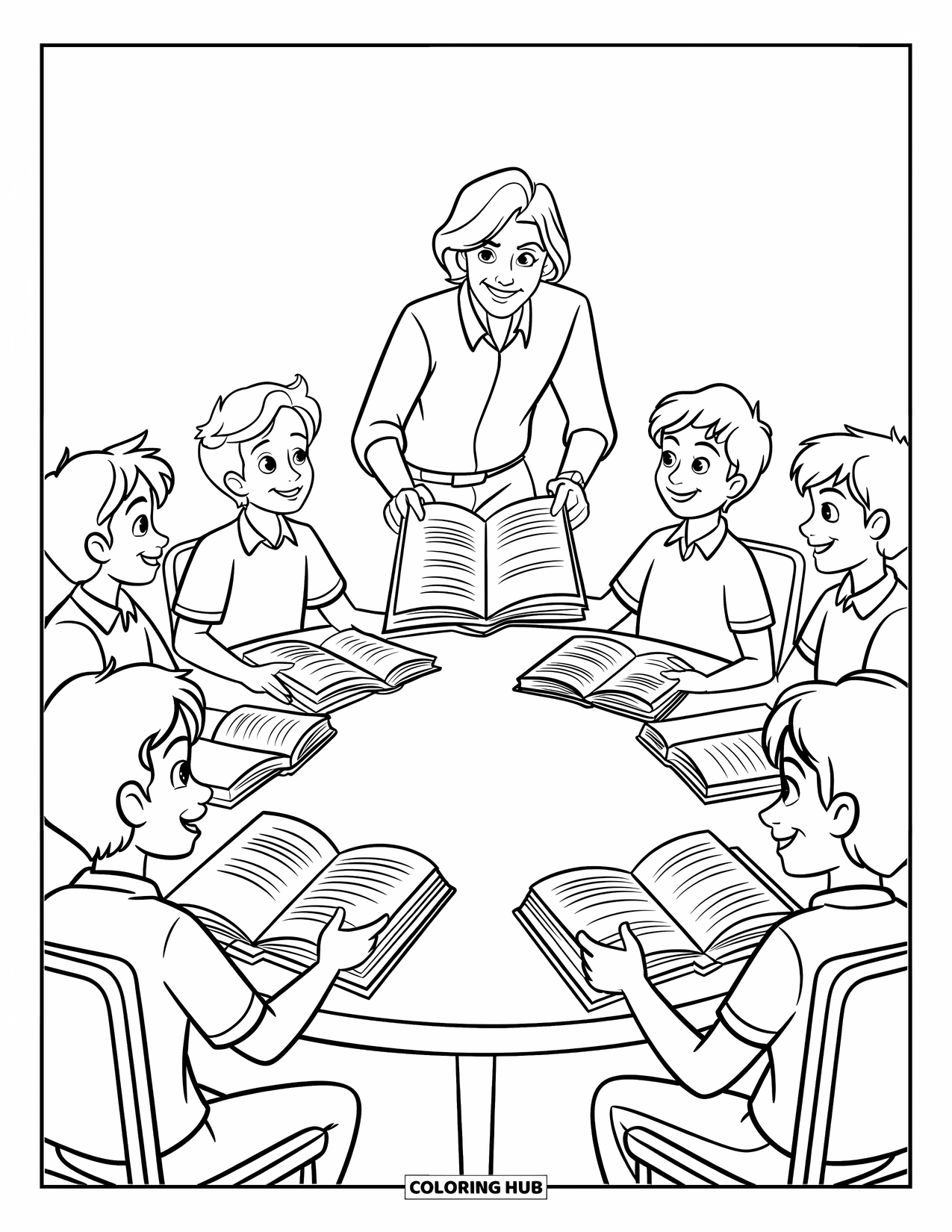 Lehrer Ausmalbild für Kinder: Eine Gruppe versammelt sich um einen Tisch mit offenen Büchern, während die Lehrerin mit Energie und Sorgfalt spricht