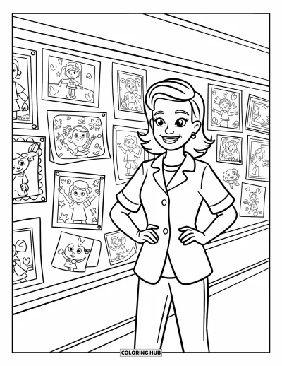 Teacher Coloring Page for Kids: A hallway display of student art shines as the teacher stands nearby with a proud smile