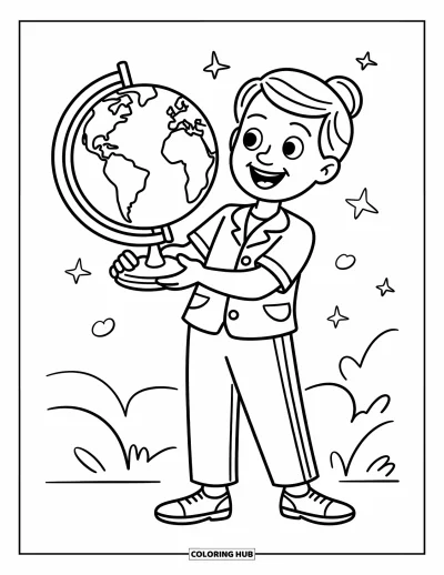 Teacher Coloring Page for Kids: A happy teacher holds a globe, surrounded by stars and clouds