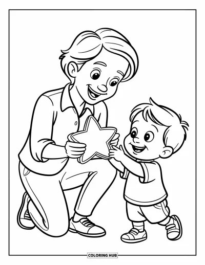Teacher Coloring Page for Kids: A happy teacher kneels to give a star sticker to a joyful child