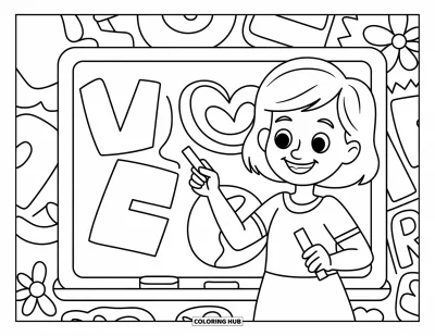 Teacher Coloring Page for Kids: A happy teacher points to a heart on the board with stars and flowers around
