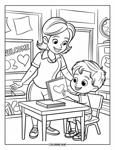 Teacher Coloring Page for Kids: A happy teacher stands at a desk while a child gives them a card with a heart