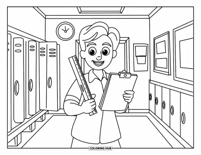 Teacher Coloring Page for Kids: A happy teacher stands near lockers, holding a ruler and clipboard with a big smile