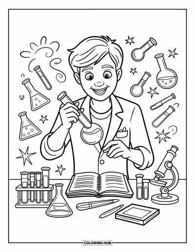 Teacher Coloring Page for Kids: A joyful teacher sets up a science project with test tubes, notes, and fun tools
