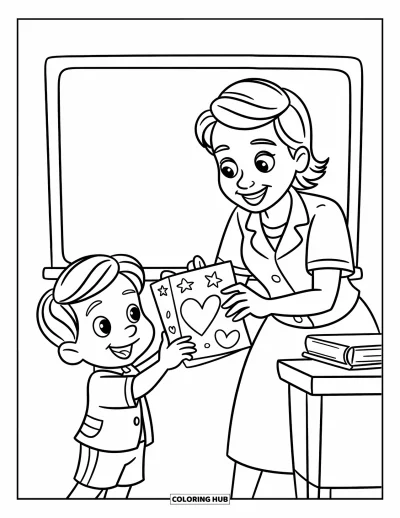 Teacher Coloring Page for Kids: A kind teacher stands by a desk while a child gives them a card with a heart