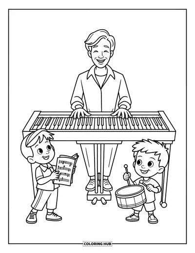 Teacher Coloring Page for Kids: A music teacher plays piano while kids stand nearby with a drum and sheet music in hand