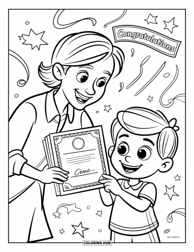 Teacher Coloring Page for Kids: A proud student receives a certificate as stars and a banner fill the space with joy