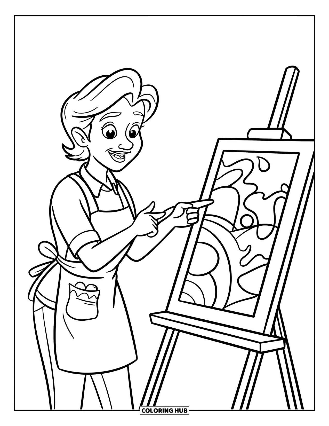 Lehrer Ausmalbild für Kinder: Ein lächelnder Kunstlehrer mit einer Schürze gestikuliert zu einem hellen und lustigen Kunstwerk eines Schülers