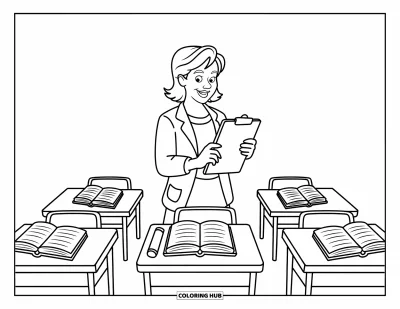 Teacher Coloring Page for Kids: A smiling teacher checks desks with a clipboard surrounded by books and open supplies