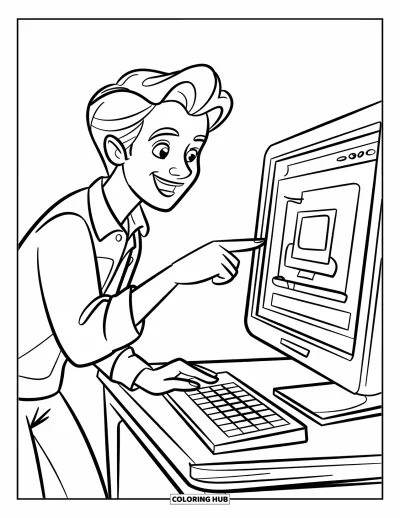 Teacher Coloring Page for Kids: A smiling teacher explains something on a computer screen beside a keyboard and patterned desk