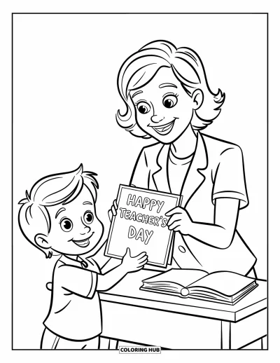 Teacher Coloring Page for Kids: A smiling teacher gets a card from a happy child holding it up proudly