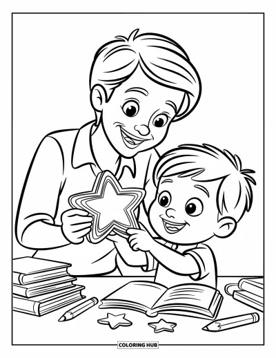 Teacher Coloring Page for Kids: A smiling teacher gives a big star sticker to a cheerful child with wide eyes