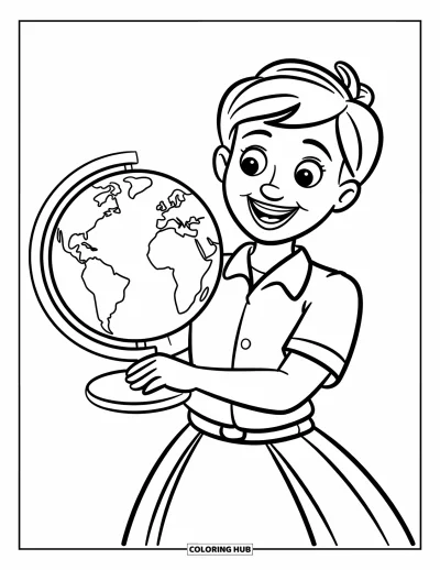 Teacher Coloring Page for Kids: A smiling teacher holds a globe showing the continents and oceans