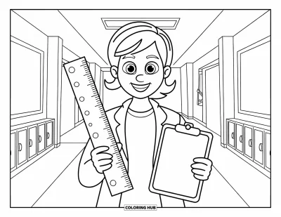 Teacher Coloring Page for Kids: A smiling teacher holds a ruler and clipboard in a quiet hallway with lockers