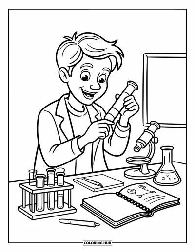 Teacher Coloring Page for Kids: A smiling teacher in a lab coat preps a science desk filled with beakers and notes