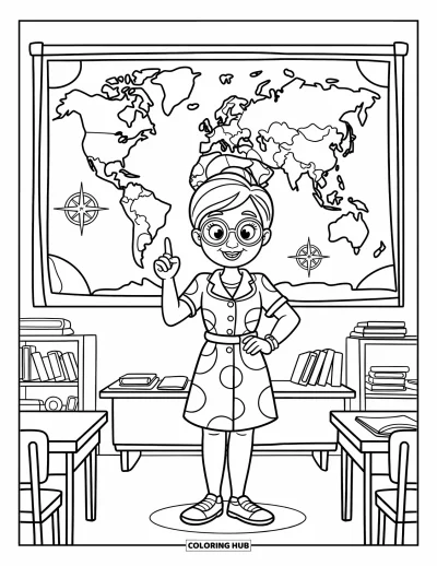 Teacher Coloring Page for Kids: A smiling teacher points at a map surrounded by books, posters, and curious students
