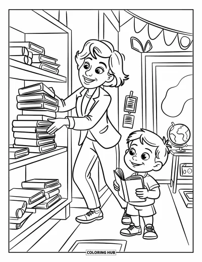 Teacher Coloring Page for Kids: A smiling teacher stacks books while a child holding a book watches closely