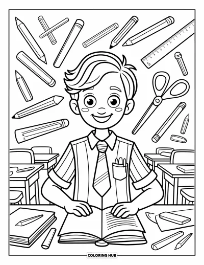 Teacher Coloring Page for Kids: A smiling teacher stands among scattered school supplies like pencils and scissors