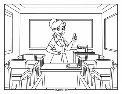 Teacher Coloring Page for Kids: A smiling teacher stands near a chalkboard and a crayon box beside her feet