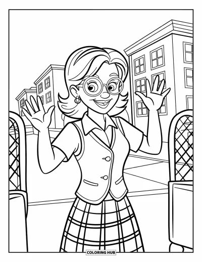 Teacher Coloring Page for Kids: A smiling teacher waves by the gate with a school building in the background