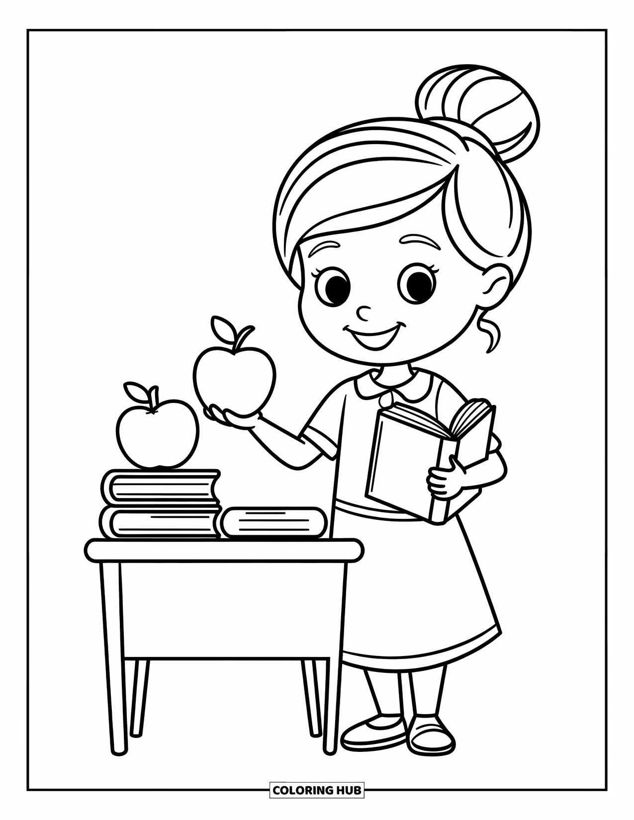 Lehrer Ausmalbild für Kinder: Eine lächelnde Lehrerin mit Dutt steht neben einem Schreibtisch und hält ein Buch und einen Apfel
