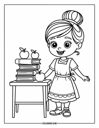 Teacher Coloring Page for Kids: A smiling teacher with a bun stands near apples and books on a small desk