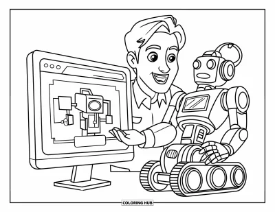 Teacher Coloring Page for Kids: A smiling tech teacher explains a robot model with circuits displayed on the screen nearby