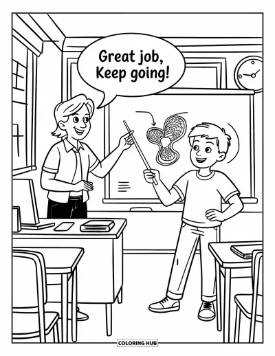 Teacher Coloring Page for Kids: A student confidently presents with a pointer while the teacher encourages near a detailed whiteboard