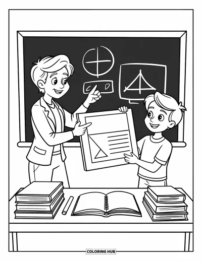 Teacher Coloring Page for Kids: A teacher and student share a moment during a project presentation with diagrams and books nearby