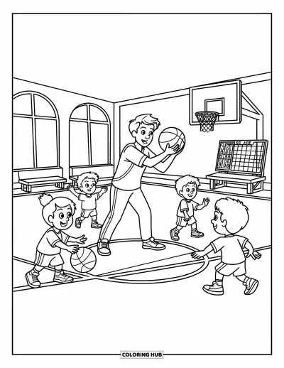 Teacher Coloring Page for Kids: A teacher demonstrates moves while kids dribble and shoot under a scoreboard and gym windows
