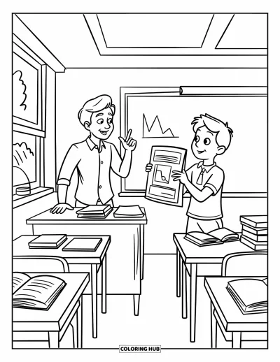 Teacher Coloring Page for Kids: A teacher gives feedback while a student presents near desks, a chalkboard, and a tree-view window