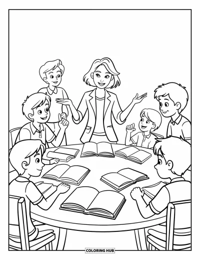 Teacher Coloring Page for Kids: A teacher guides students in discussion, with books and raised hands at a round classroom table