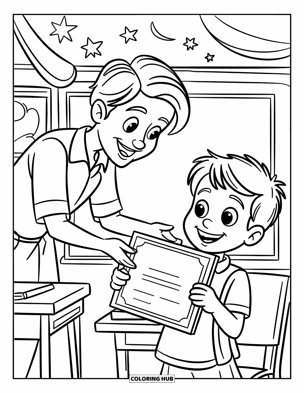 Disegno da colorare per bambini: Un'insegnante consegna un certificato a uno studente sorridente con stelle e coriandoli sullo sfondo