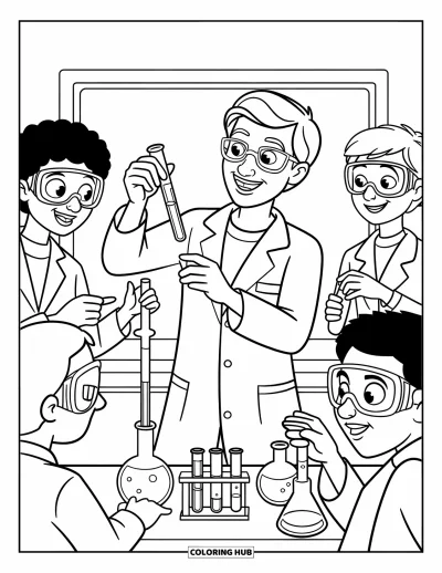 Teacher Coloring Page for Kids: A teacher in glasses holds a test tube while students watch, surrounded by chemistry gear