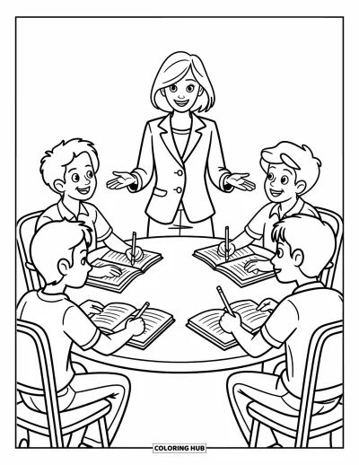 Teacher Coloring Page for Kids: A teacher leads a lively discussion around a round table filled with books and student ideas