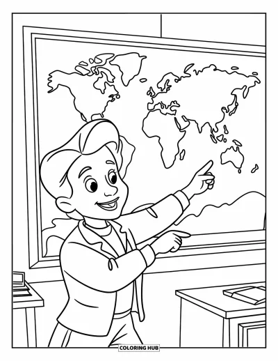 Teacher Coloring Page for Kids: A teacher points to a world map filled with fun travel icons and happy classroom details