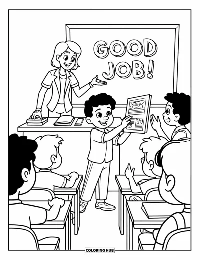 Teacher Coloring Page for Kids: A teacher praises a student presenting near a chalkboard that says “Good job!” as classmates watch