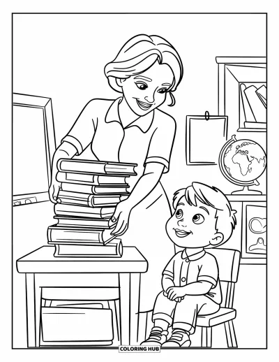 Teacher Coloring Page for Kids: A teacher reaches for a shelf while a child on a chair looks up in awe