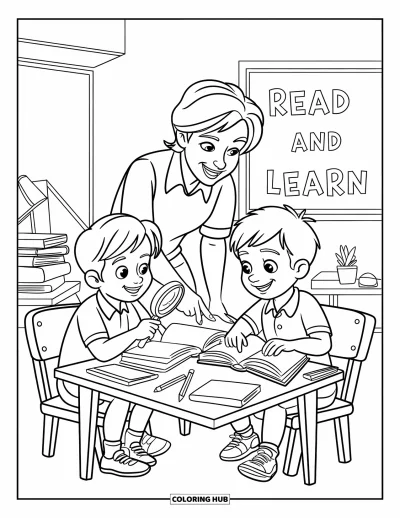 Teacher Coloring Page for Kids: A teacher smiles warmly while helping two kids read at a small, cozy table