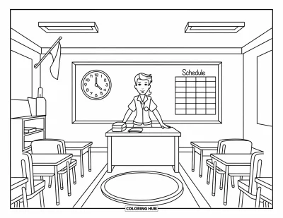 Teacher Coloring Page for Kids: A teacher stands by a classroom flag and schedule chart, surrounded by desks and patterned floors