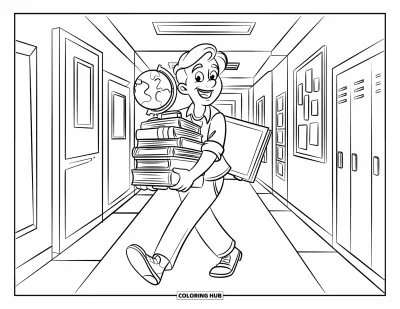 Teacher Coloring Page for Kids: A teacher walks through a school hallway with classroom items like a globe and bulletin board
