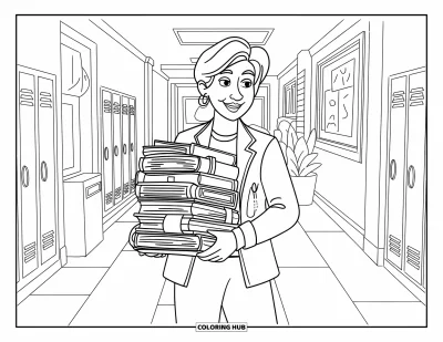 Teacher Coloring Page for Kids: A teacher with a bright smile carries folders down a hallway lined with lockers and posters
