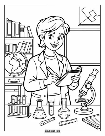 Teacher Coloring Page for Kids: A teacher with a notebook stands near test tubes, a globe, and a chalkboard of equations