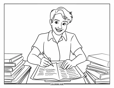 Teacher Coloring Page for Kids: A teacher writes feedback on an essay, surrounded by papers and a focused, friendly vibe